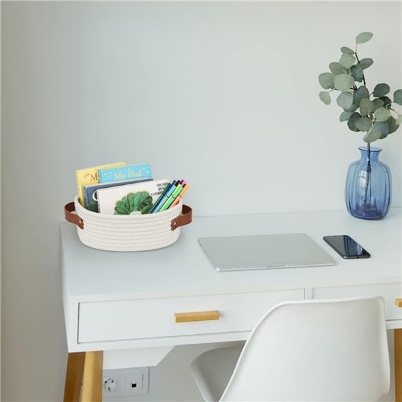 Small Woven Basket, Mini Cotton Rope Storage Basket, Tiny White Basket, Shelf - Picture 2 of 6
